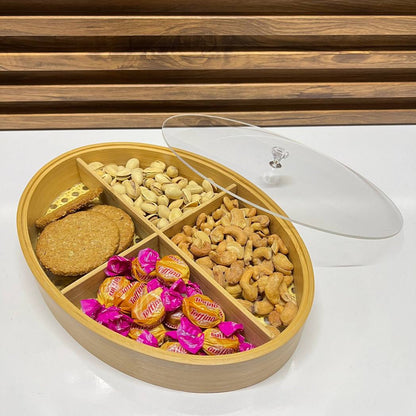 Plateau en Bambou à 4 Compartiments – Couvercle Inclus pour Organiser Noix et Desserts