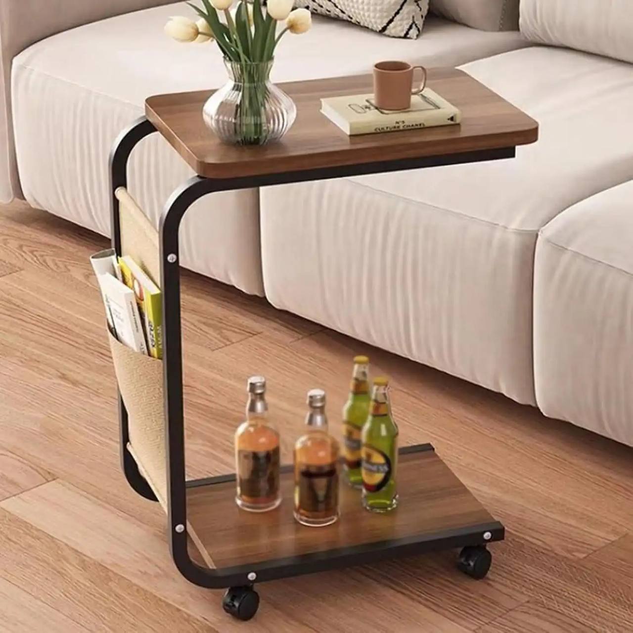 Table d'Appoint Mobile avec Roulettes et Porte-Revues – Style Industriel