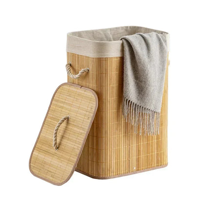 Panier à Linge Rectangulaire Pliable en Bambou avec Couvercle