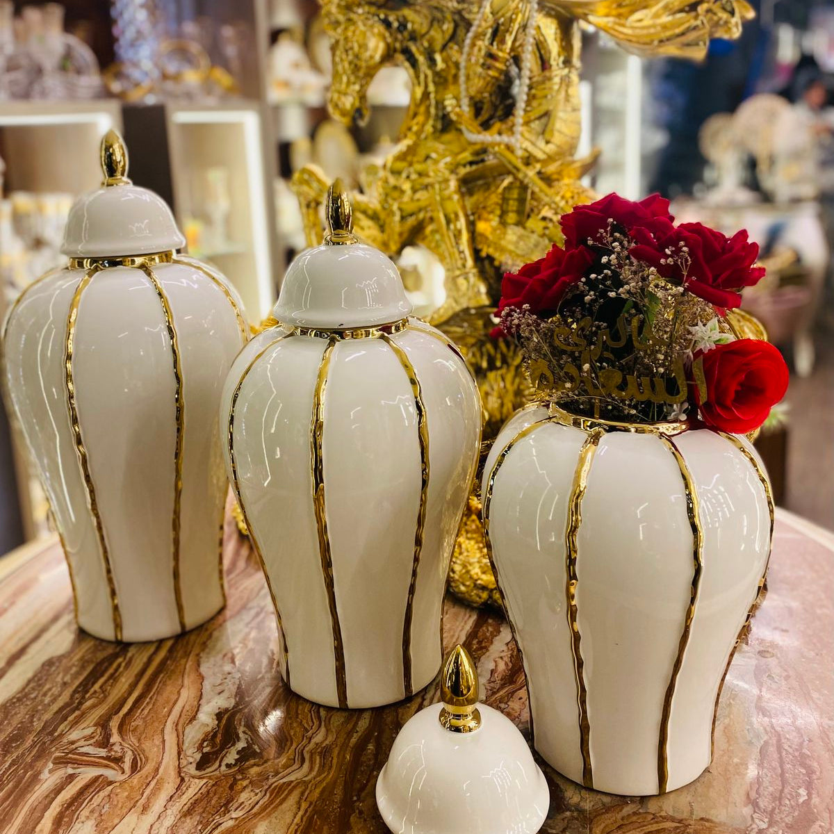 Ensemble 🏺 de Vases Décoratifs en Céramique Blanc et Or – Style Luxe Moderne