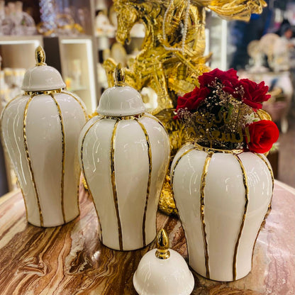 Ensemble 🏺 de Vases Décoratifs en Céramique Blanc et Or – Style Luxe Moderne