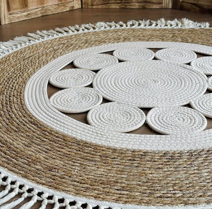 Tapis Rond Bohème en Jute Naturel & Coton – 1,20 m