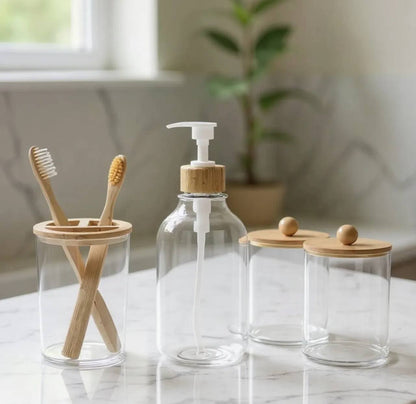 Ensemble d'Accessoires de Salle de Bain en Verre & Bambou – 4 Pièces