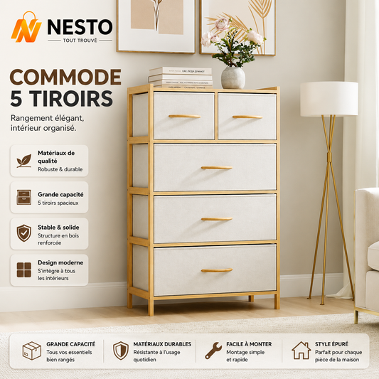Commode 5 Tiroirs en Tissu et Bambou – Meuble de Rangement avec Dessus en Bois