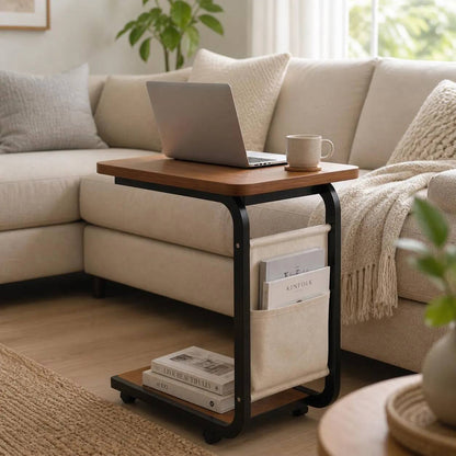 Table d'Appoint Mobile avec Roulettes et Porte-Revues – Style Industriel