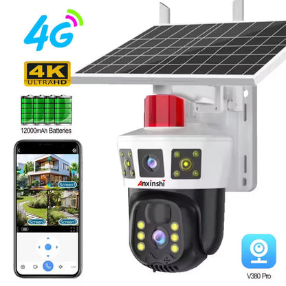 Caméra de Surveillance Solaire 4G Sans Fil – Triple Objectif 6K 12MP | Compatible V380 Pro