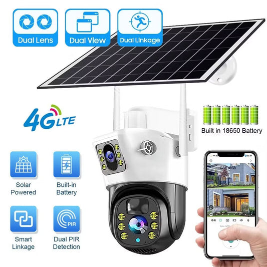 Caméra de Surveillance Solaire 4G Sans Fil – Triple Objectif 6K 12MP | Compatible V380 Pro