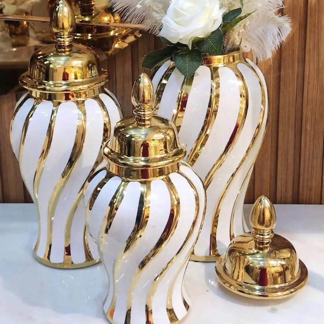 Ensemble 🏺 de Vases Décoratifs en Céramique Blanc et Or – Style Luxe Moderne