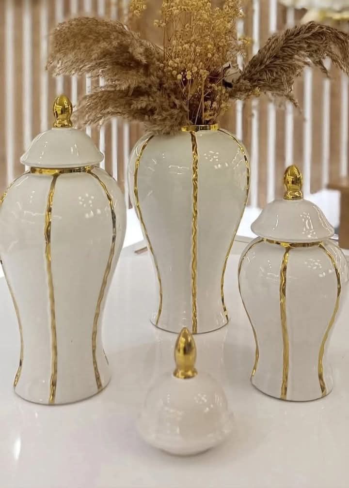 Ensemble 🏺 de Vases Décoratifs en Céramique Blanc et Or – Style Luxe Moderne