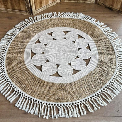 🌿 Tapis Rond Bohème en Jute & Coton – 1 m – Naturel & Élégant