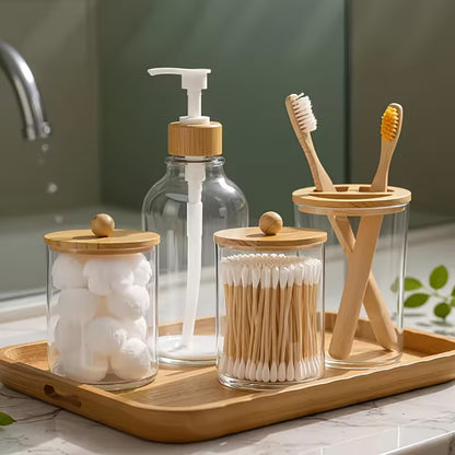 Ensemble d'Accessoires de Salle de Bain en Verre & Bambou – 4 Pièces