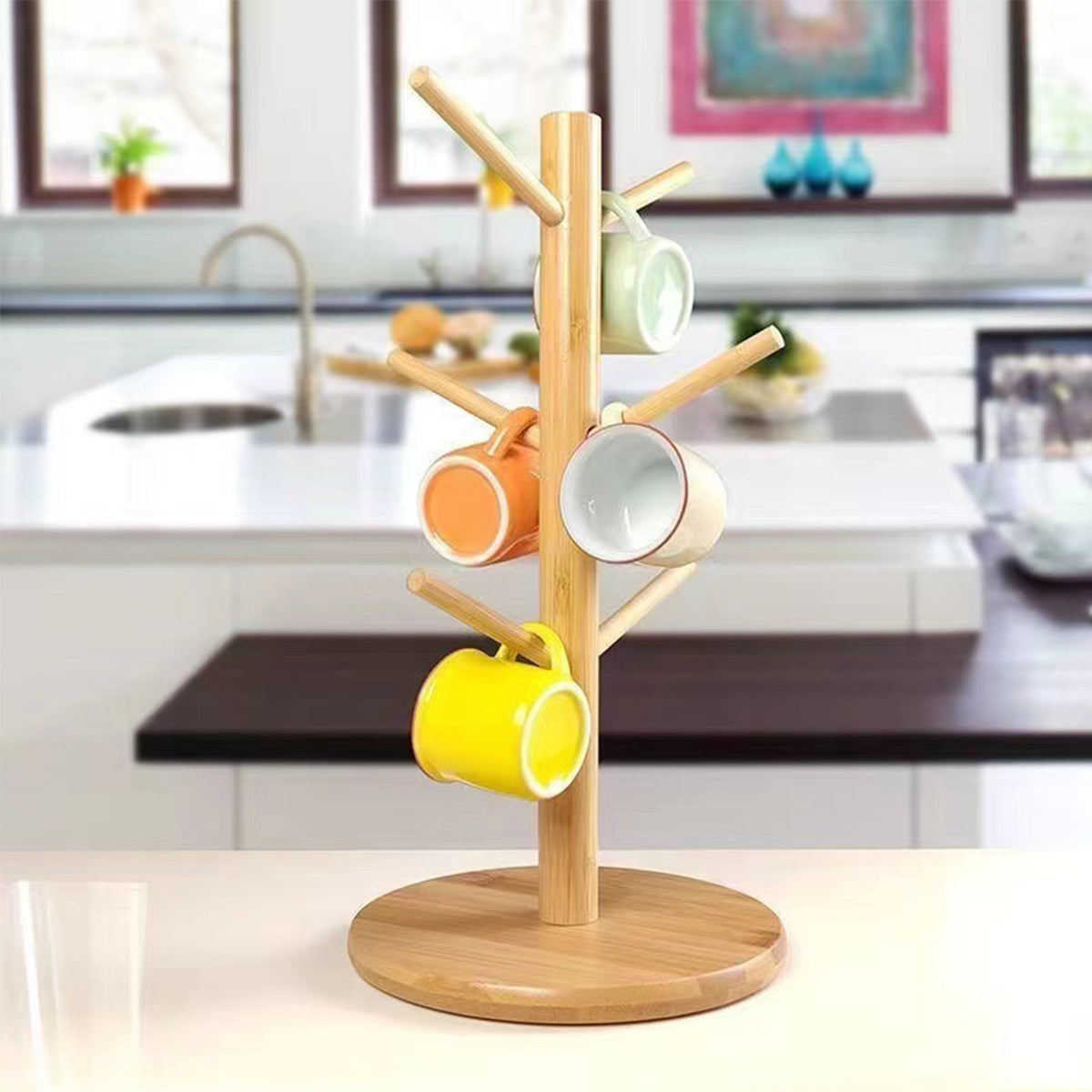 Support à Tasses en Bambou – Porte-Tasses Rotatif à 6 Crochets