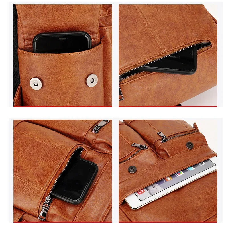 Sac à dos de marque de luxe pour hommes, sac à dos d'école en cuir, sac de voyage étanche pour étudiants, sac à livres décontracté en cuir PU pour hommes