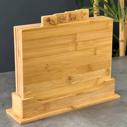 Set de 4 Planches à Découper en Bambou avec Support