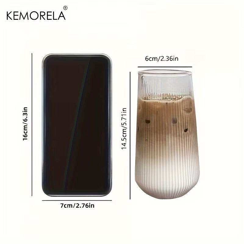 3 Tasse en verre avec couvercle et paille Grande à rayures verticales