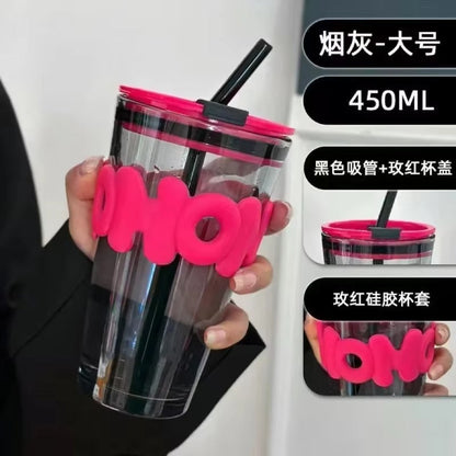 Tasse en verre créative avec couvercle en paille et manchon tendance résistant à la chaleur