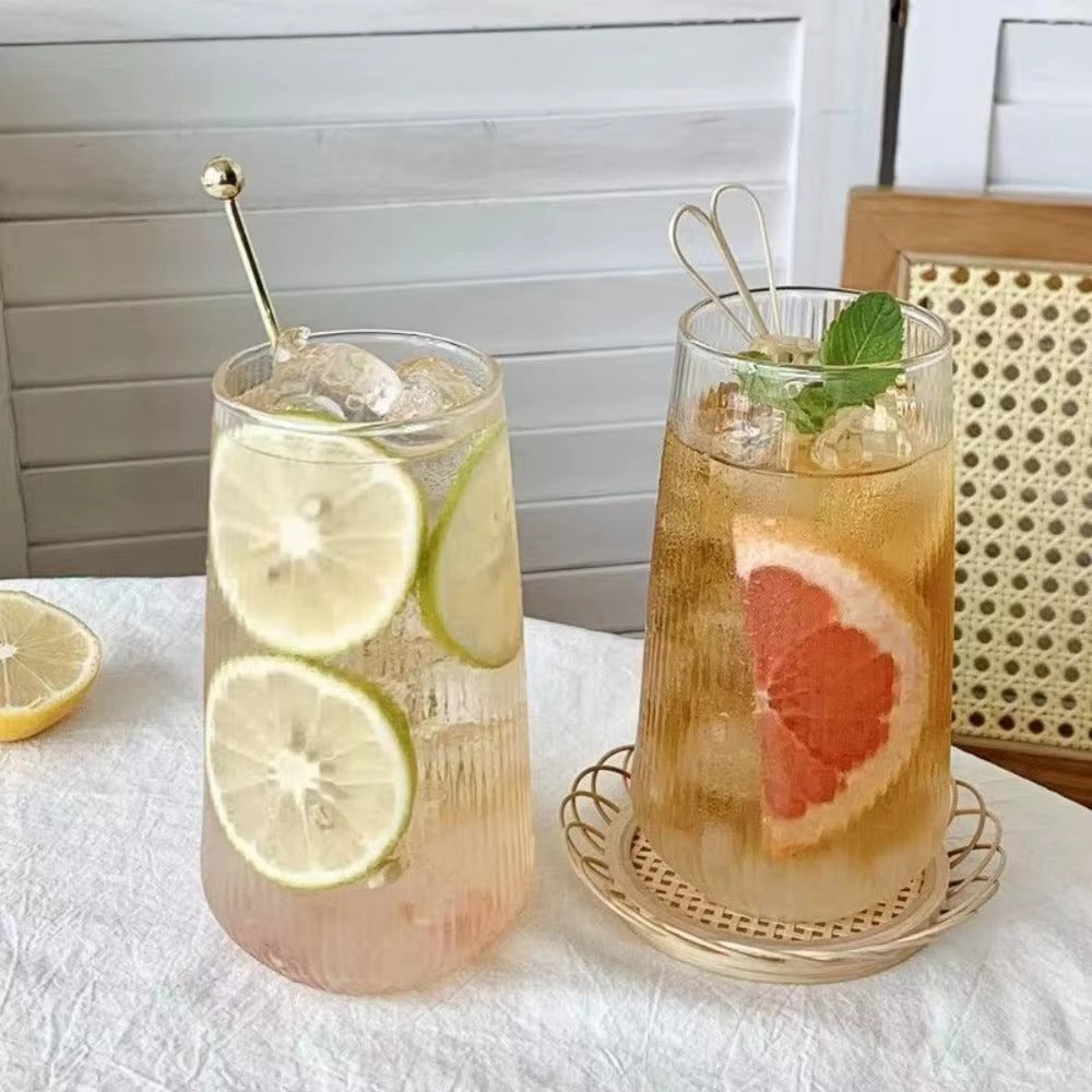 3 Tasse en verre avec couvercle et paille Grande à rayures verticales