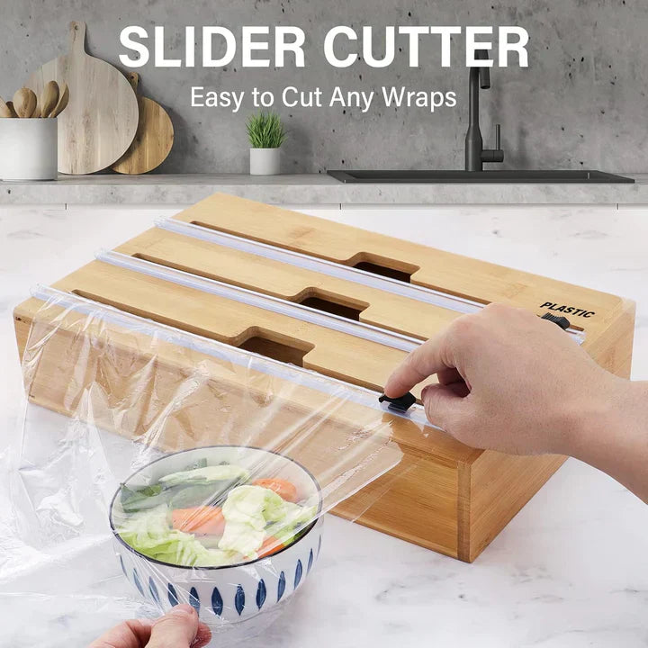 Distributeur Rond 3-en-1 en Bambou – Film, Papier, Aluminium