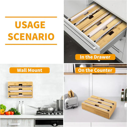 Distributeur Rond 3-en-1 en Bambou – Film, Papier, Aluminium