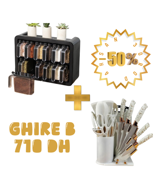 Pack Cuisine Pro Dual - Rangement Épices 16 Pots + Set de Couteaux Chef & Ustensiles (50% de Réduction)