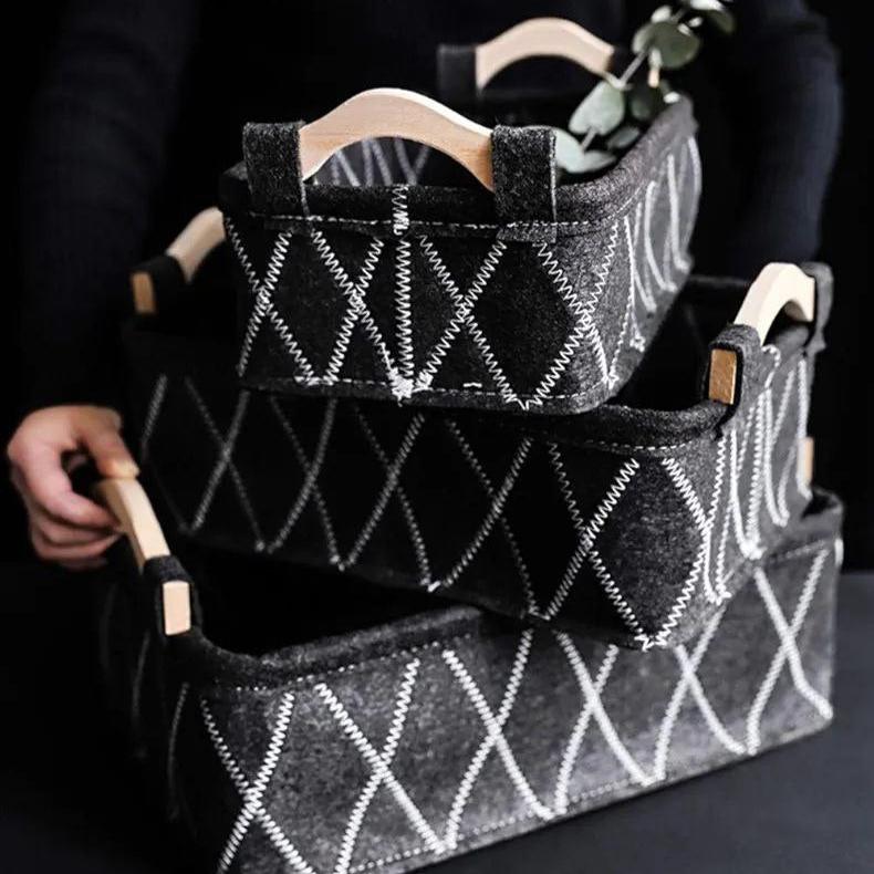 3 Boîte de rangement pour sous-vêtements , en feutre avec poignée en bois