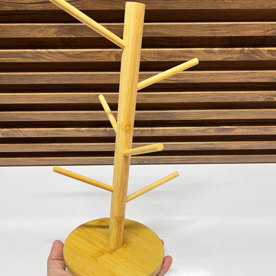 Support à Tasses en Bambou – Porte-Tasses Rotatif à 6 Crochets