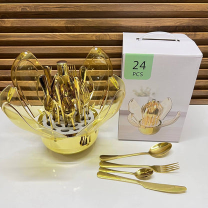 Ensemble de couverts en acier inoxydable, transparent en forme de fleur sa dorée
